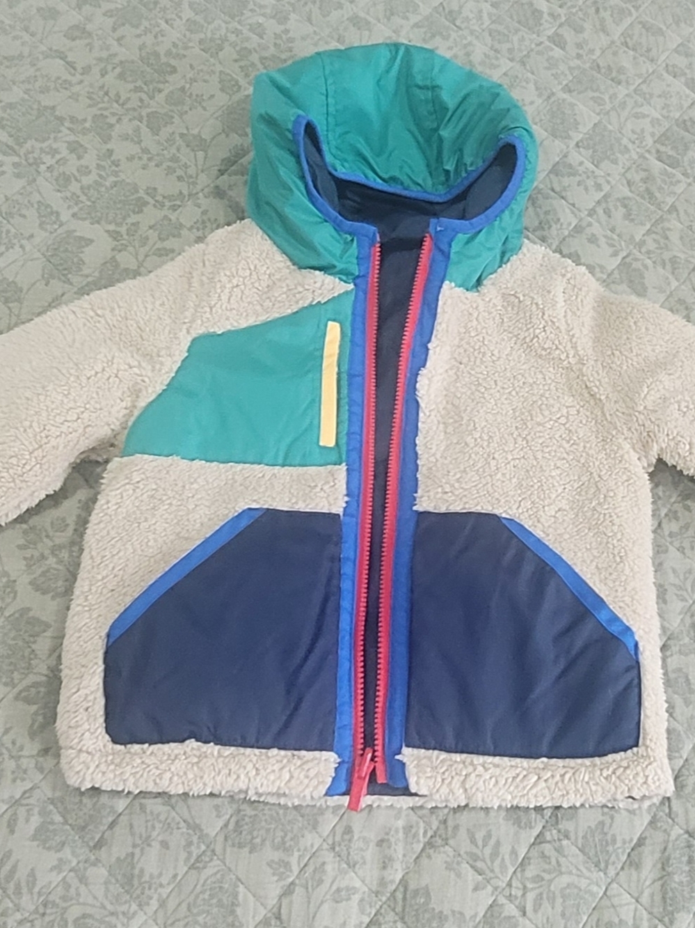 Carter's Cream Sherpa Jacket with Teal Hood & Navy Pockets